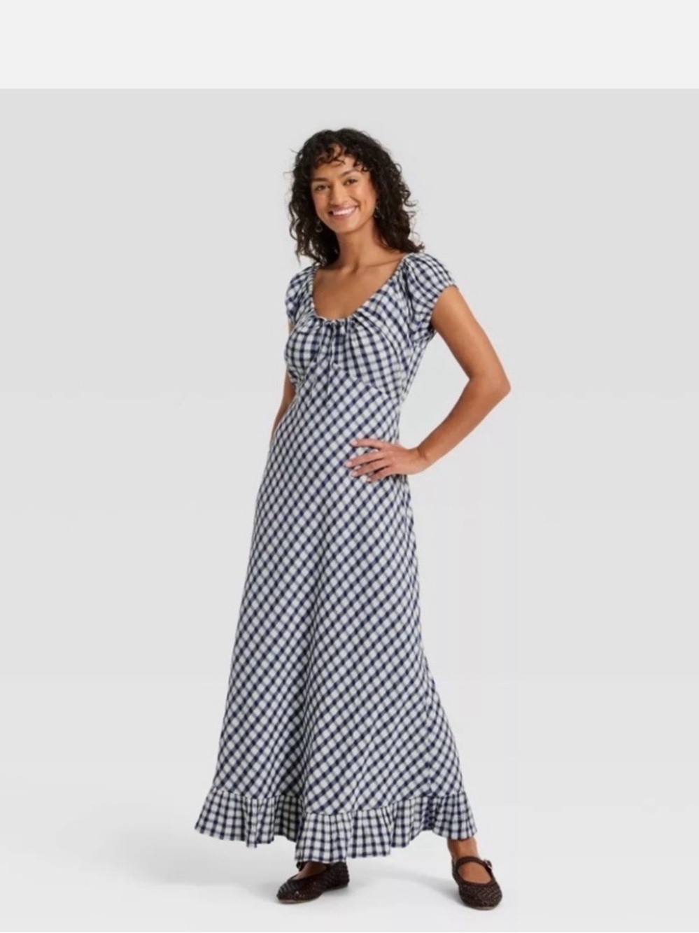 Gingham Maxi Dress with Front Tie Blue and White